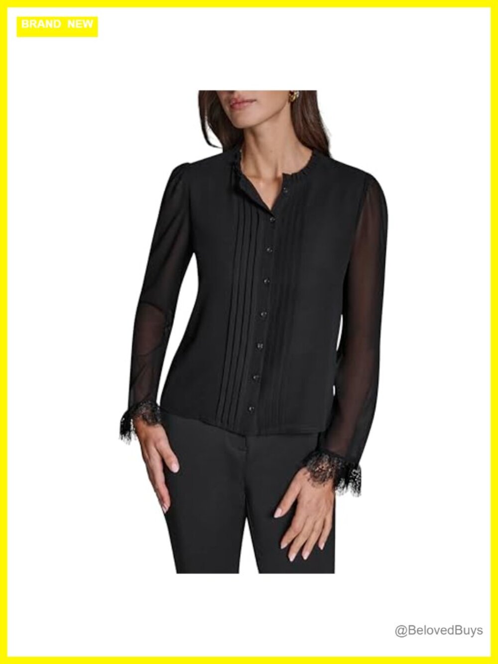 Long Sleeve Pleat Front Lace Trim Woven Blouse V-Neck